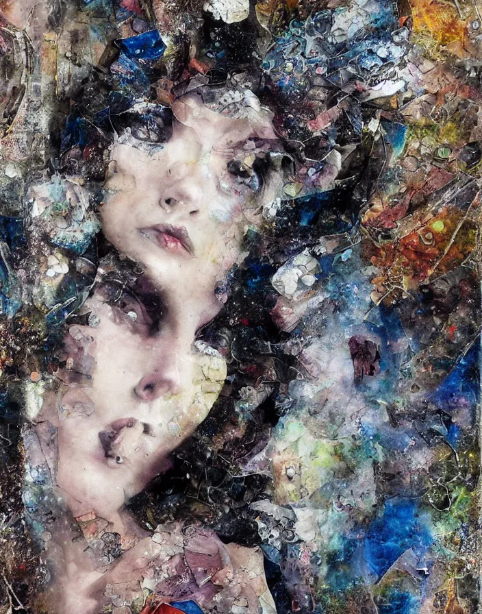 Prompt: celestial languid extasy of sophisticated bodies detailed mixed media collage with canvas texture in style of contemporary art, punk art, dadaism, hyperrealistic beautiful face, photorealism, expressionism, masterpiece, perfect composition, spectacular quality, intricate oil details, half - closed eyes, shattered glass