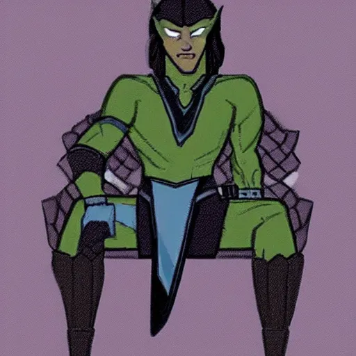 Image similar to this illustration is concept art for the comic book character of loki, the norse god of mischief sitting on a chair with his legs crossed. he is looking at something off to the side, and his expression is one of concentration or deep thought. the background is a simple, two - tone gradient. the colors are muted and calming, giving the image an overall peaceful feeling.