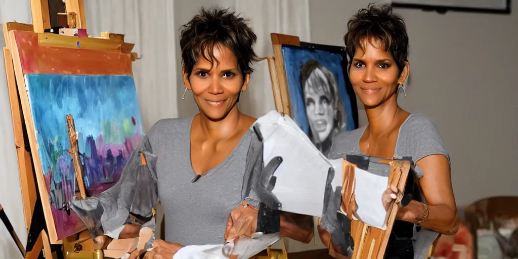 Image similar to halle berry, stands at her easel, painting a self portrait