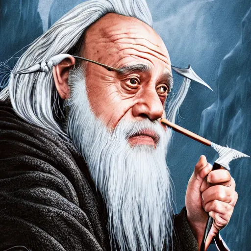 Image similar to ultra realistic illustration, danny devito as gandalf the white from lord of the rings movie, full body, high quality, highly detailrd, wide angle, illustration, digital art, full color