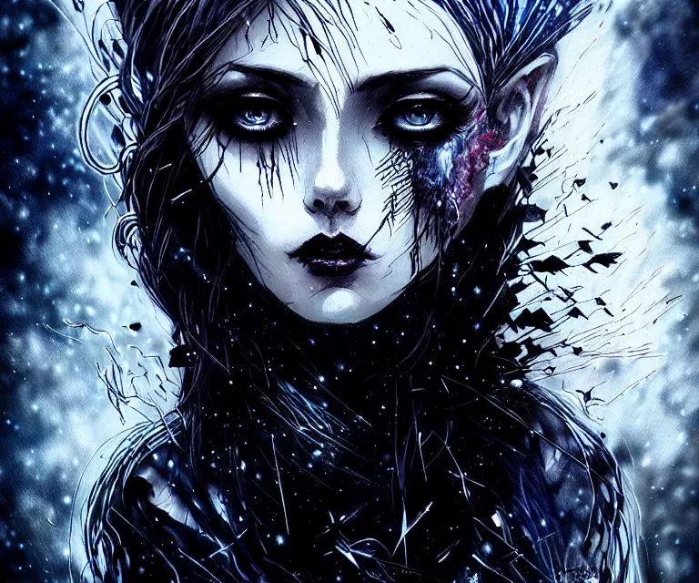 Image similar to stunning otherworldly gothic goddess of ice fire, dark and mysterious, atmospheric, ominous, eerie, cinematic, epic, 8 k, 4 k, ultra detail, ultra realistic, rendered by awesomeness. nights falling wind is blowwing snow is pilling concept art in style of carne griffiths artwork by xsullo