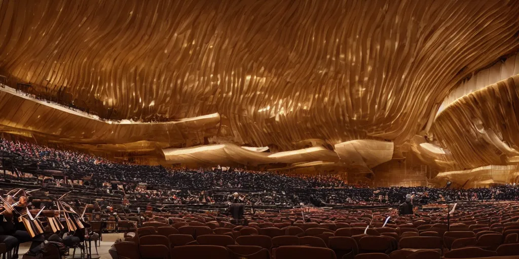 Image similar to interior space of a concert hall venue with a symphony orchesta playing on the stage, realistic, low saturated, zaha hadid and frank gehry inspired, octane 8 k