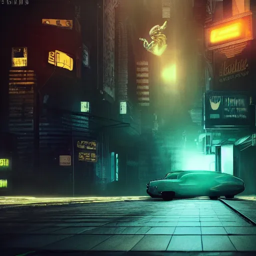 Image similar to Halloween ghost under a sheet, floating ghost, floating over futuristic metropolis sidewalk, at night, bright neon city lights, blade runner, trending on artstation, matte finish, volumetric lighting, 8k, 4k