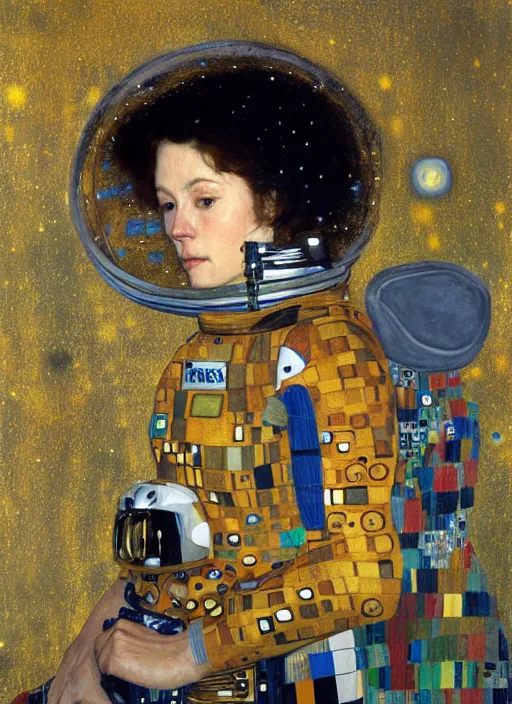 Image similar to woman astronaut in profile, holding a sword, painting by gustav klimt, detailed, ambient lighting, photo realistic, 8 k