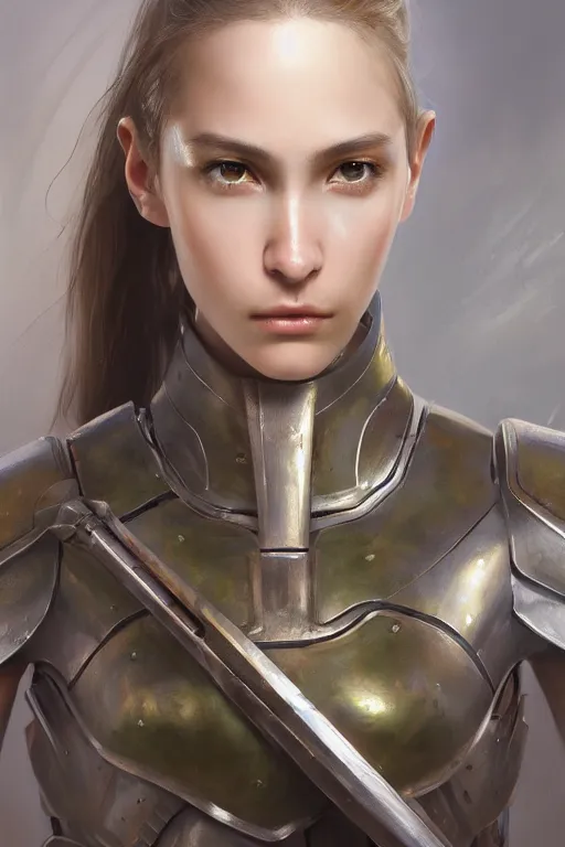 Image similar to a photorealistic painting of an attractive young girl, partially clothed in metal-plated battle armor, olive skin, long dark hair, beautiful bone structure, symmetrical face, perfect eyes, intricate, elegant, digital painting, concept art, illustration, sharp focus, minimal artifacts, from Metal Gear, in the style of Ruan Jia and Mandy Jurgens and Greg Rutkowski, trending on Artstation, award winning