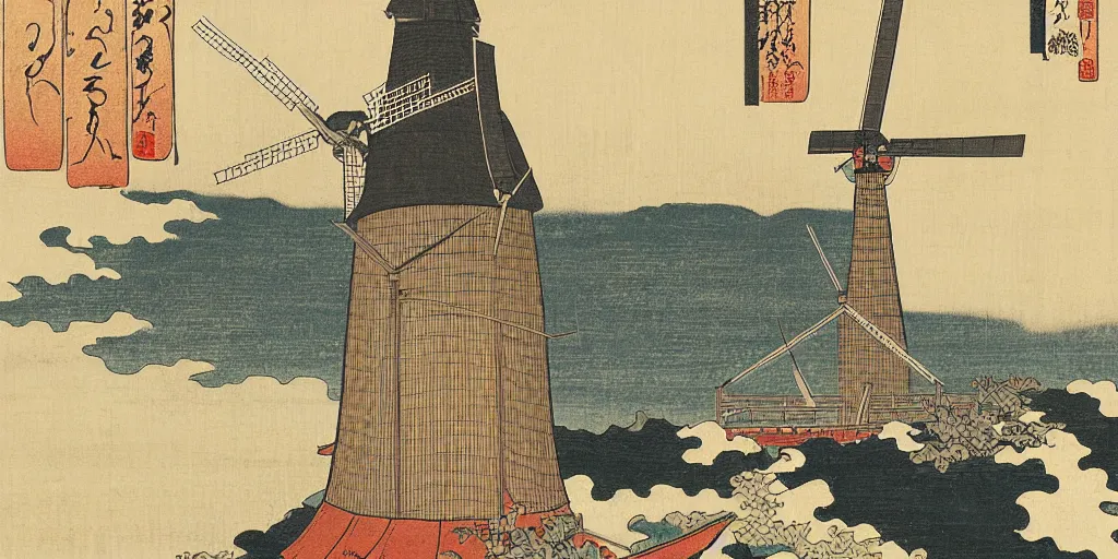 Image similar to ukiyo - e woodblock print of a dutch windmill, by hokusai