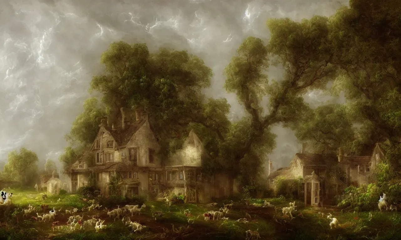 Image similar to spooky english cottage, ghosts, hound, pigs, misty garden, thomas cole, intricate details