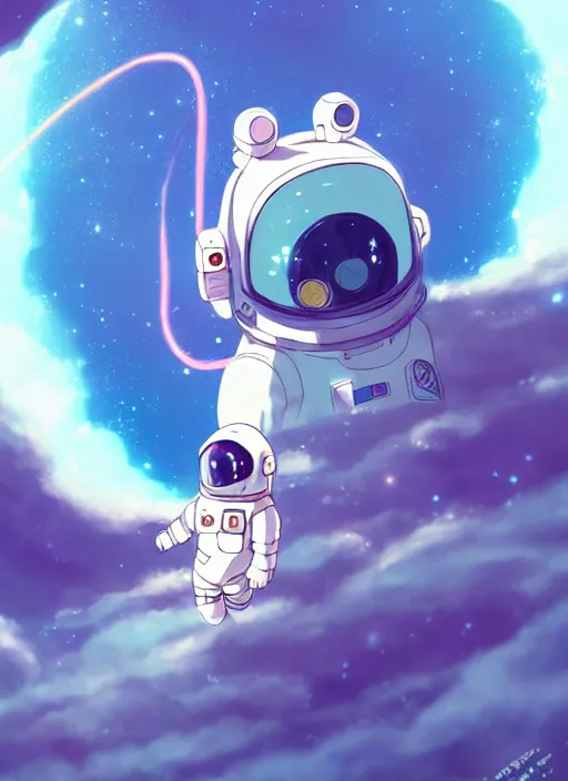 Image similar to portrait of cute kawaii astronaut android riding a neonpunk kaiju dragon, nebulous background of dynamic space, a dramatic composition by wlop and greg rutkowski and makoto shinkai and studio ghibli and kyoto animation cute bubbly clothing