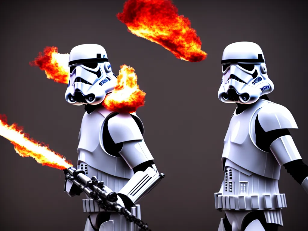 Image similar to storm trooper in a battle, smoke, fire, explosions, chrome, shiny, reflective, metallic, 3 d render, realistic, hdr, stan winston studios, dramatic lighting, flame colors bright,