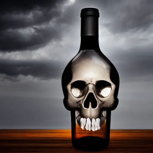 Prompt: skull made of smoke inside of wine bottle. Stormy sky on the backround .Art station. Mood lighting. - h 1200