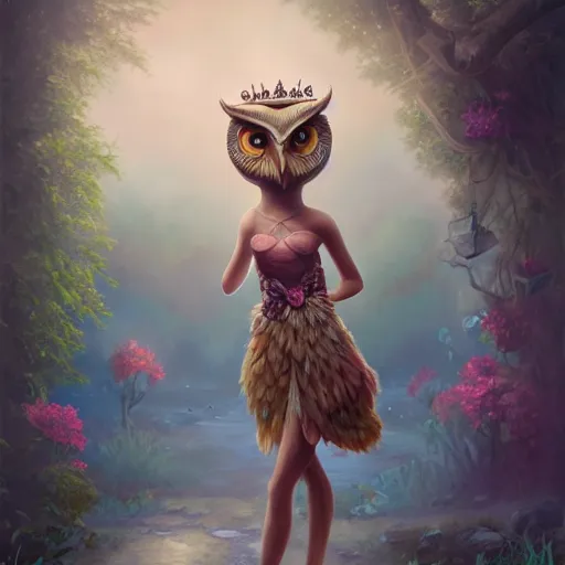 Prompt: an anthropomorphic Owl Girl wearing a sundress and a tiara, garden, summer, 8k resolution matte fantasy painting, cinematic lighting, DeviantArt, Artstation, Jason Felix Steve Argyle Tyler Jacobson Peter Mohrbacher