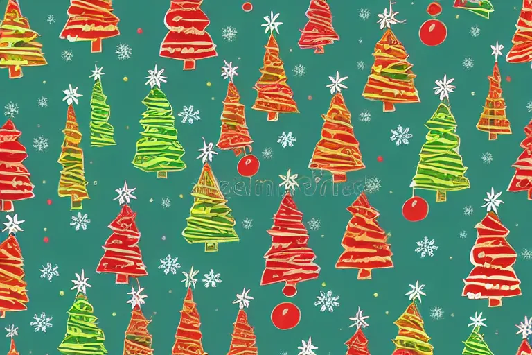 Image similar to a wrapping paper pattern with psychedelic christmas trees print, illustration