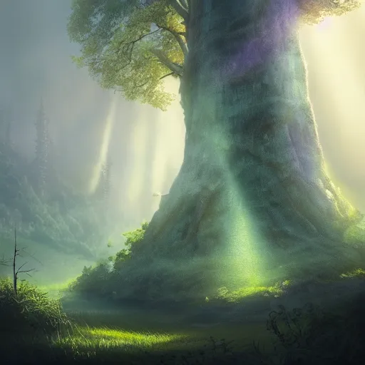 Prompt: a fairy huge sequoia, rays of light, atmospheric, matte-painting, trending on artstation
