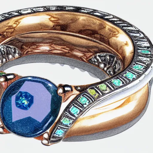 Image similar to sketch of four points of view of a complex ring with a complex cameo ornament of a panther, technical sketch, rose gold, gems, high coloration, ambient lightning, highly detailed, 8 k