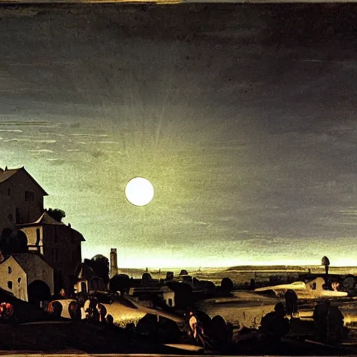 Image similar to dark solar eclipse, above a village, highly detailed, studio 4 k quality, by caravaggio