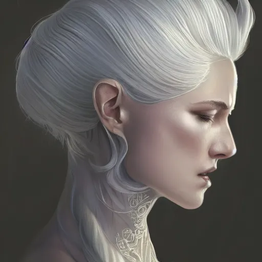 Image similar to goddess, white hair, long hair, gorgeous, amazing, back portrait, feminine, elegant, intricate, highly detailed, digital painting, artstation, concept art, sharp focus, illustration, art by WLOP and greg rutkowski