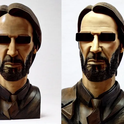 Prompt: a wooden sculpture of keanu reaves in the matrix