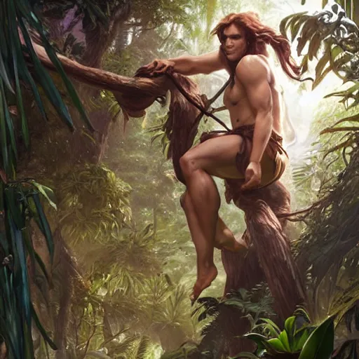 Image similar to Tarzan in the jungle, D&D, fantasy, intricate, elegant, highly detailed, digital painting, artstation, concept art, matte, sharp focus, illustration, hearthstone, art by Artgerm and Greg Rutkowski and Alphonse Mucha