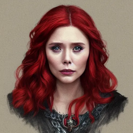 Prompt: Elizabeth Olsen with red hair and crown as Cersei Lannister,a song of ice and fire , fantasy, intricate, elegant, highly detailed, digital painting, artstation, concept art, matte, sharp focus, illustration, art by Osvaldo Germano