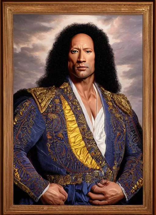 Image similar to beautiful oil painting, portrait of Dwayne the rock Johnson as Louis xiv in coronation robes 1701, Dan Mumford, Dan Mumford, Alex grey, Alex grey, hyacinthe rigaurd, highly detailed, ornate