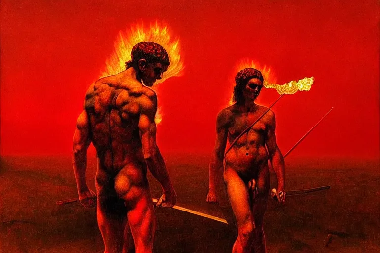 Image similar to only with red, a red melted apollo with a laurel wreath and a flaming sword announce the win, athens in the background, in the style of beksinski, part by hopper, part by rodcenko, part by hofbauer, intricate composition, red by caravaggio, insanely quality, highly detailed, masterpiece, red light, artstation