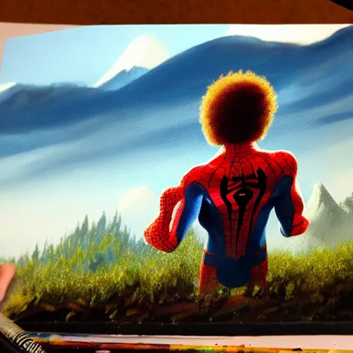 Image similar to a closeup photorealistic photograph of bob ross working on a canvas painting of spiderman. film still. brightly lit scene. mountains and trees. this 4 k hd image is trending on artstation, featured on behance, well - rendered, extra crisp, features intricate detail, epic composition and the style of unreal engine.