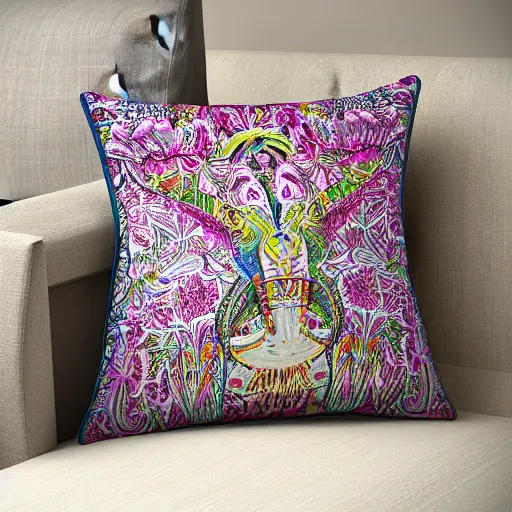 Prompt: the most amazing pillow every made, product shot, intricate, fine detail, full maximalist print