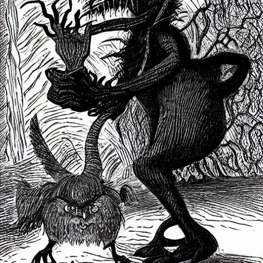 Prompt: beware the jubjub bird, and shun the frumious bandersnatch | by lewis carroll and hp lovecraft with doctor seuss and hr giger