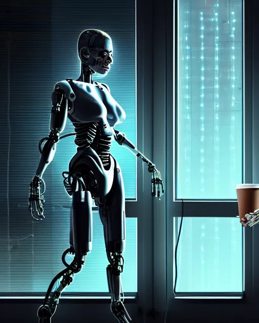 Image similar to a terminator cyborg lady with borg implants, and is hanging from cables and wires off the ceiling of a lab. her bottom half is missing with cables hanging out. she is taking a sip from a cup of coffee. tiny green led lights in her cybernetics. sophisticated lab in the background, with dystopian city visible through the window. very detailed 8 k. horror cyberpunk style.