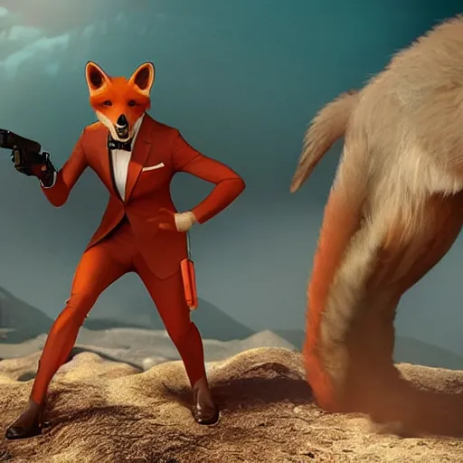 Image similar to movie still photo of anthropomorphic vulpes vulpes fulva as james bond : : by weta, pixar disney greg rutkowski, wlop, ilya kuvshinov, rossdraws, artgerm, octane render, iridescent, bright morning, liosh, mucha : :