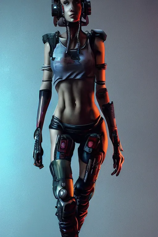 Image similar to entire body, cyberpunk, cyberpunk, female character, beautiful head, nice legs, concept art, artstation, intricate details, dramatic lighting