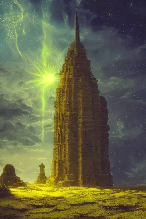 Prompt: yellow glowing ancient temple, green hills, star trails, dramatic lighting, artstation, matte painting, caspar david friedrich, ralph mcquarrie