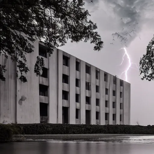 Image similar to a centered magnificent building of le Corbusier standing in the middle of manathan, apocalypse lightning, high quality, 4k