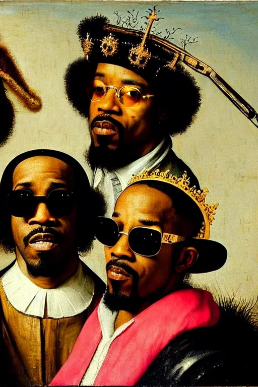 Prompt: high quality celebrity portrait of rap group outkast wearing sunglasses and a crown, painted by the old dutch masters, rembrandt, hieronymous bosch, frans hals, symmetrical detail