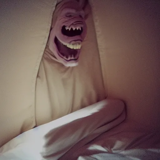 Image similar to “ a terrifying monster hiding under a bed, realistic photo, 8 k, ambient lighting ”