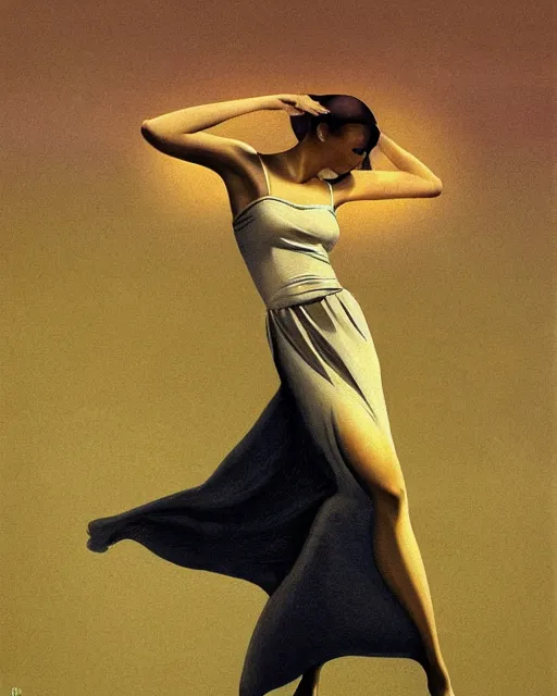 Image similar to portrait of a woman, female figure in maxi dress, sky, thunder clouds modernism, dynamic pose, dance, morning dramatic cinematic light, low poly, low poly, low poly, industrial, soviet painting, social realism, barocco, Frank Frazetta, Dean Ellis, Detmold Charles Maurice, gustav klimt, levitation, movie poster 1993 anime