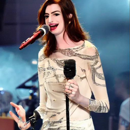 Prompt: Anne Hathaway as a rock singer on the stage