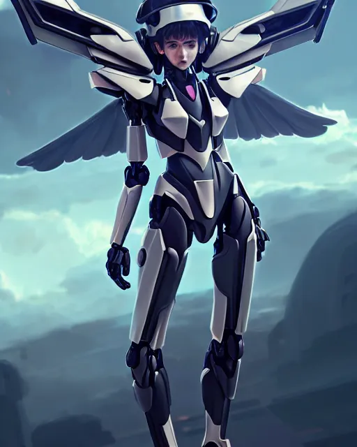 Image similar to uncropped stealthy feminine mecha ( with futuristic jet armor and wings ) with a heart visor helmet, symphogear, full body character portrait, hi - tech, trending on artstation, pastel armor, digital painting, concept art, sharp focus, illustration, art by wlop and greg rutkowski