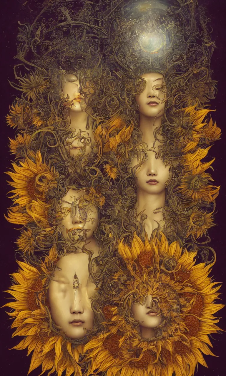 Image similar to The Chinese goddess of sunflowers, who has a third-eye and an helianthus-shaped golden crown, and presides over the rays of the sun with her sacred vision, by Anato Finnstark, Tom Bagshaw, Brom