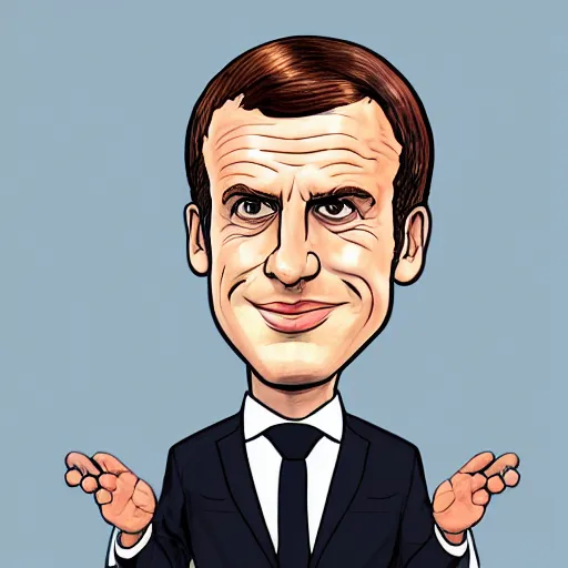 Image similar to Emmanuel Macron sitting on a huge pill of money, cartoon, white background