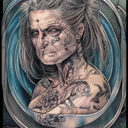 Image similar to a beautiful portrait of a heavily tattooed older woman Travis Charest style