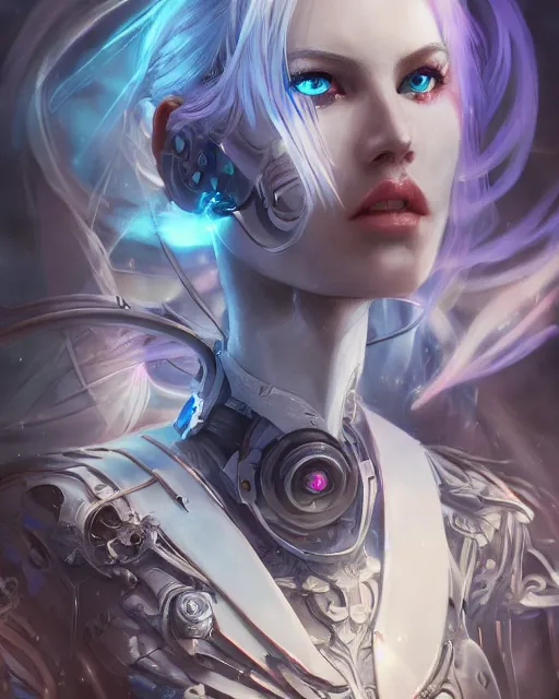 Image similar to holy cyborg necromancer girl, elegant, scifi, futuristic, utopia, garden, atmosphere, white hair, blue eyes, extreme detail, glow, intricate, full of colour, cinematic lighting, trending on artstation, detailed, 4 k, art by yuhong ding and chengwei pan and serafleur and ina wong