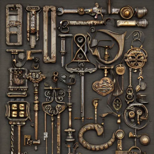 Prompt: a highly detailed key item, key is on the center of image, key has metal and wooden elements, point and click game inventory item, very detailed, on the solid white color background without shadows, high poly vray render, stylised textures, trending on artstation