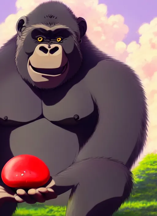 Prompt: wholesome cartoon anime gorilla holding a very small red mushroom, big smile on face, sunny sky background, lush landscape, illustration concept art anime key visual trending pixiv fanbox by wlop and greg rutkowski and makoto shinkai and studio ghibli and kyoto animation, symmetrical facial features,