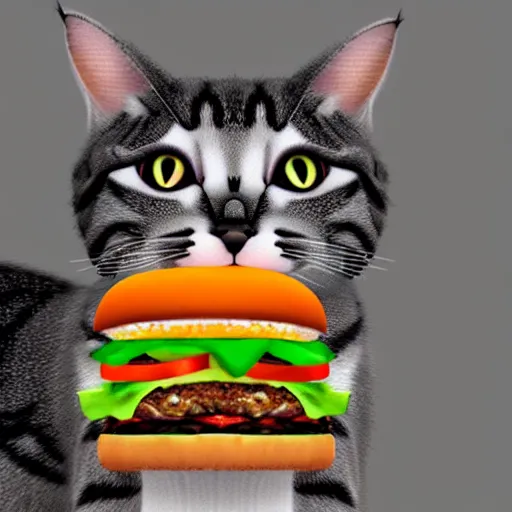 Image similar to a cat / burger hybrid, with fries, volumetric lighting, 4 k