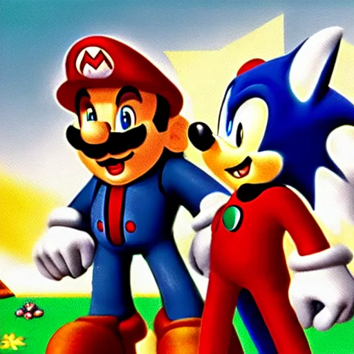 Image similar to 1940s disney film about super mario and sonic the hedgehog