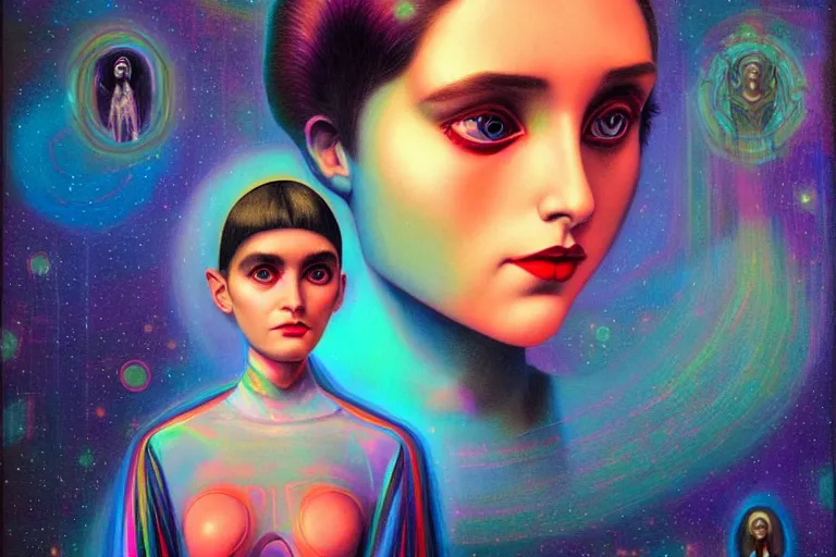 Image similar to patron saint of 🛸🌈👩🏾, futuristic clothing, neon god of city character portrait, in the style of margaret keane, moebius, tom bagshaw, and waterhouse, cinematic lighting, beautiful, elegant, oil painting,