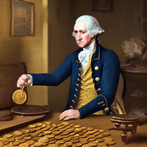 Image similar to a closeup photorealistic photograph of a happy George Washington inspecting small gold Doubloon coins at his home on Cherry Street. This 4K HD image is Trending on Artstation, featured on Behance, well-rendered, extra crisp, features intricate detail and the style of Unreal Engine.