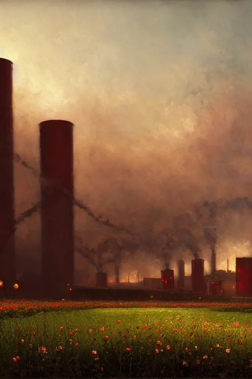 Image similar to a beautiful painting of a factory with smoking chimneys, red rose fields, dark style, little roses, very detailed, soft light effect, stable pipeline, super wide, big scene, by albert bierstadt, 4 k hd, trending on artstation ， ultrawide viewn and highly detailed, ultrawide lens, very high detailed