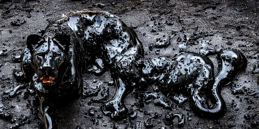 Image similar to the black lioness made of ferrofluid, reforming from a puddle of tar, viscous, sticky, full of black goo, covered with black goo, splattered black goo, dripping black goo, dripping goo, splattered goo, sticky black goo. photography, dslr, reflections, black goo, zoo, exhibit